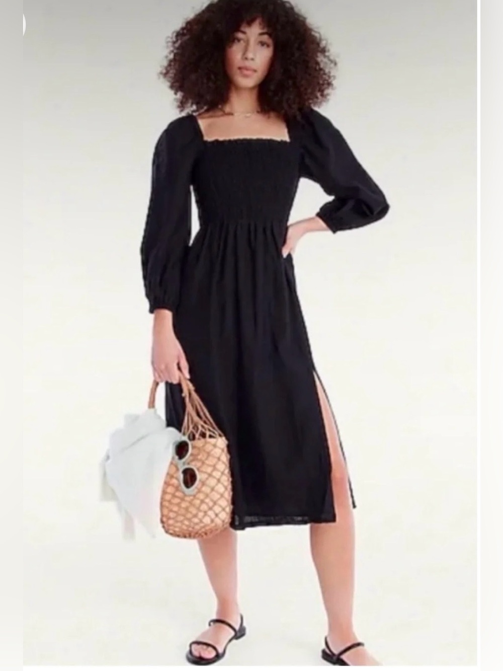 J. Crew Black Linen Smocked Square-Neck Midi with Puff Sleeves Size Medium